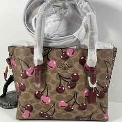 Coach Mollie Tote Bag 25 In Signature Canvas With Cherry Print NWT