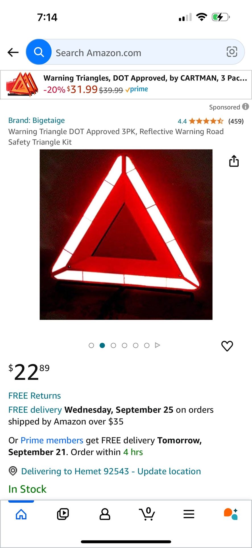 Warning Triangle DOT Approved 3PK, Reflective Warning Road Safety Triangle Kit