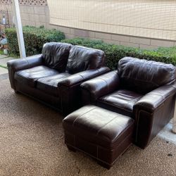 Leather Loveseat, Chair And Ottoman, dark brown, fair condition