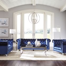 Brand New Blue Velvet Sofa and Love Seat Set