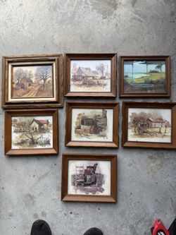 (7) Antique Wooden framed County Style Living prints/art. 