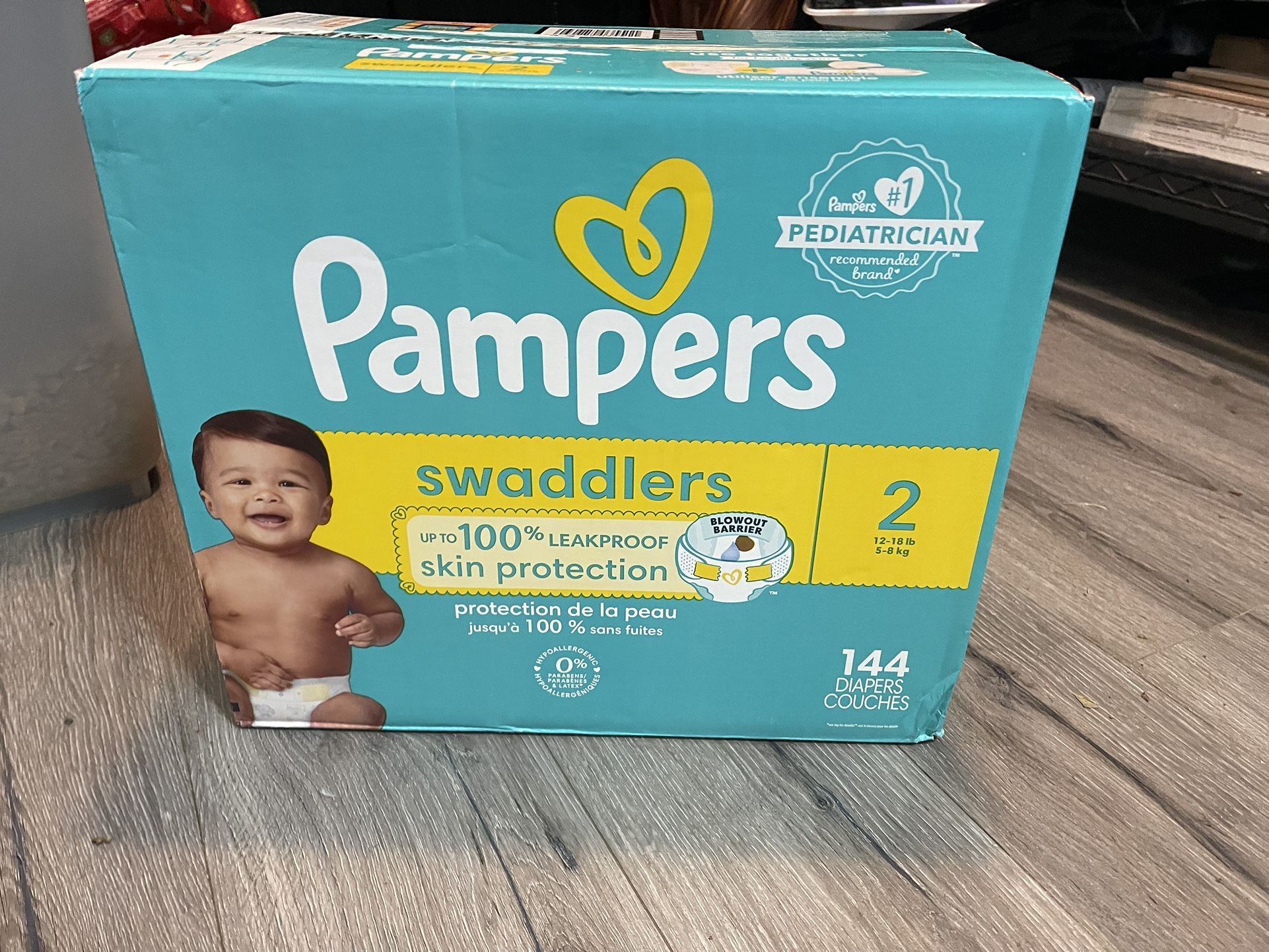 Unopened Box Pampers Swaddlers Size 2. 144 Ct