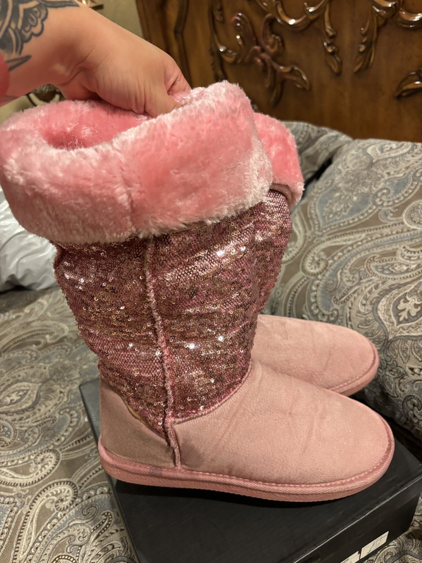 Pink Sequin Fur Boots (Size 8.5 Women’s)