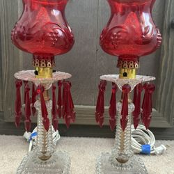 Pair Of Vintage Etched Cranberry Glass Boudoir Hurricane Lamps