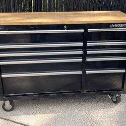 Husky 52 in. 10-Drawer Mobile Workbench with Wood Top, Black - With Key .
