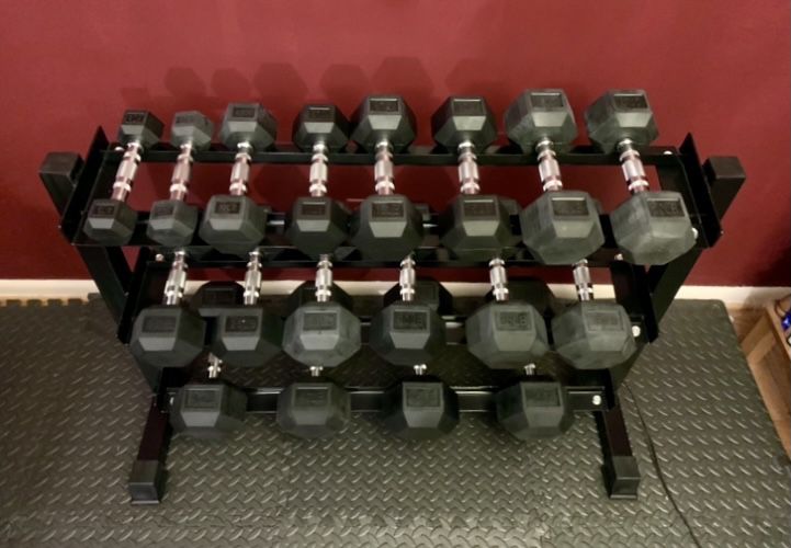 5-45lb Rubber Hex Dumbbell Set With Rack