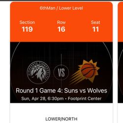 Suns v TWolves GM 4 Sun 630pm - Section 119, Row 16, seats 11-12 - Aisle seats!