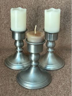 (3) Vintage Mid-Century Web Weighted Pewter Candlestick Holders, 4-3/4”