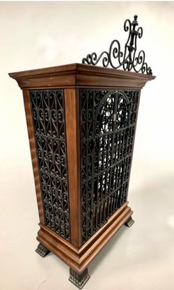 Wrought Iron Wine Cabinet-Arched Ornamental Scrollwork Doors & Integrated Interior Bottle Rack. Vintage!
