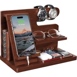 Wood Phone Docking Station Ash Key Holder Wallet Stand Watch Organizer Men Husband Wife Anniversary Dad Birthday Nightstand Purse Father Graduation Ma