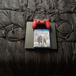 PS4 Used Including All Necessary Cables + Red Controller + One PS4 Game