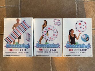 LABOR DAY POOL PARTY! NEW 2022 Lot of 3 POOL CANDY Red, White, & Blue Set: Raft, Pool Tube, Beach Ball