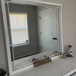 White tall dresser with mirror, one side dresser, two drawers