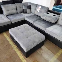 Brand New Heights Black /Gray Reversible Sectional With Storage Ottoman 