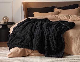 50" x 60" black sherpa fleece cable jacquard tufted cozy throw blanket