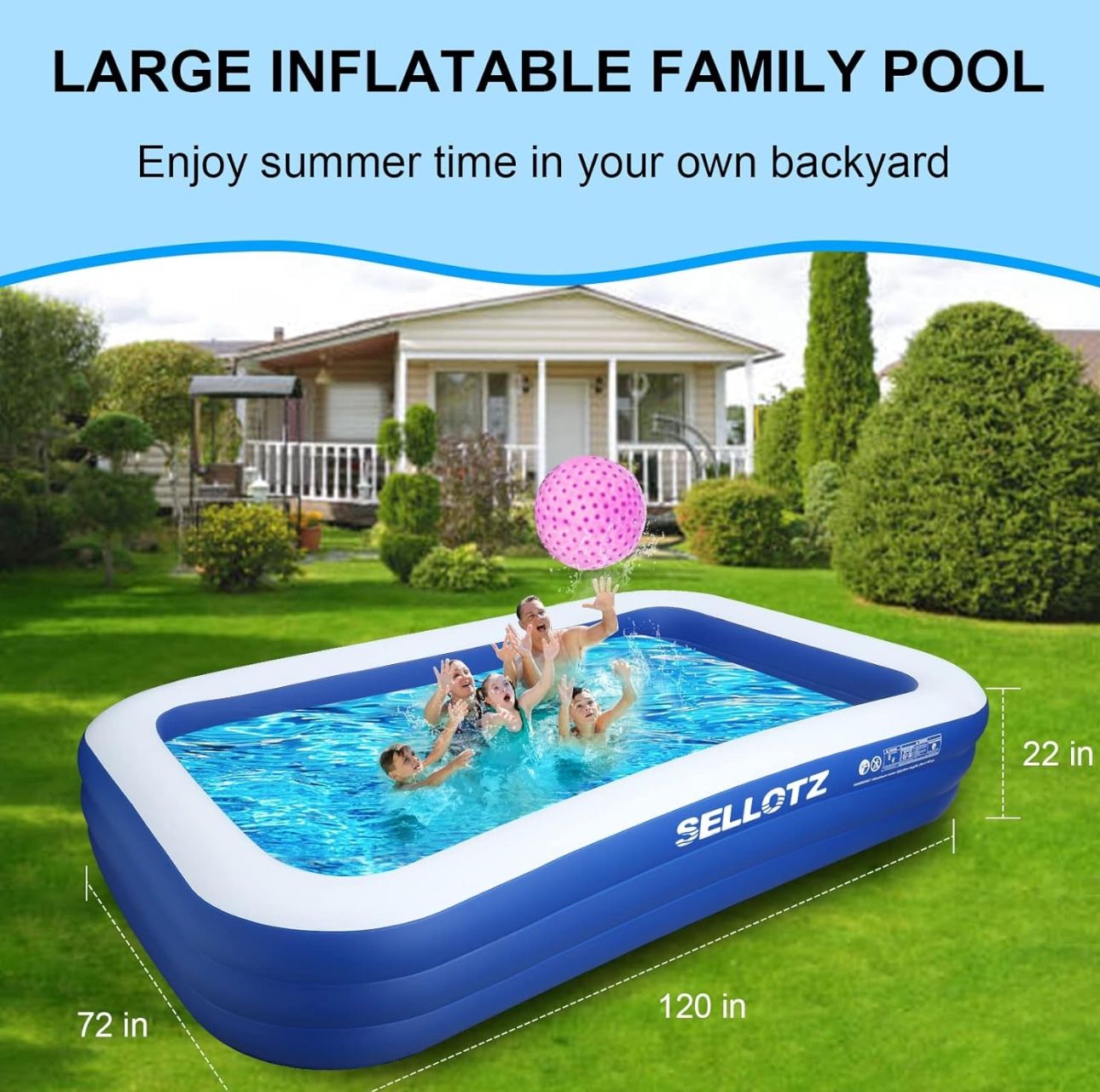 Inflatable Pool for Kids and Adults, 120 X 72 X 22 Oversized