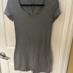 Medium Grey ribbed romper with V-neck and short sleeves