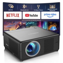 Mini PROJECTOR with WiFi and Bluetooth Compatible with Netflix, YouTube, PrimeVideo, Electric Focus Full HD 1080P Video, Portable Outdoor/Indoor Use