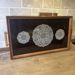 Vintage Wood Tray with Lace Doiley Design Under Glass MCM 