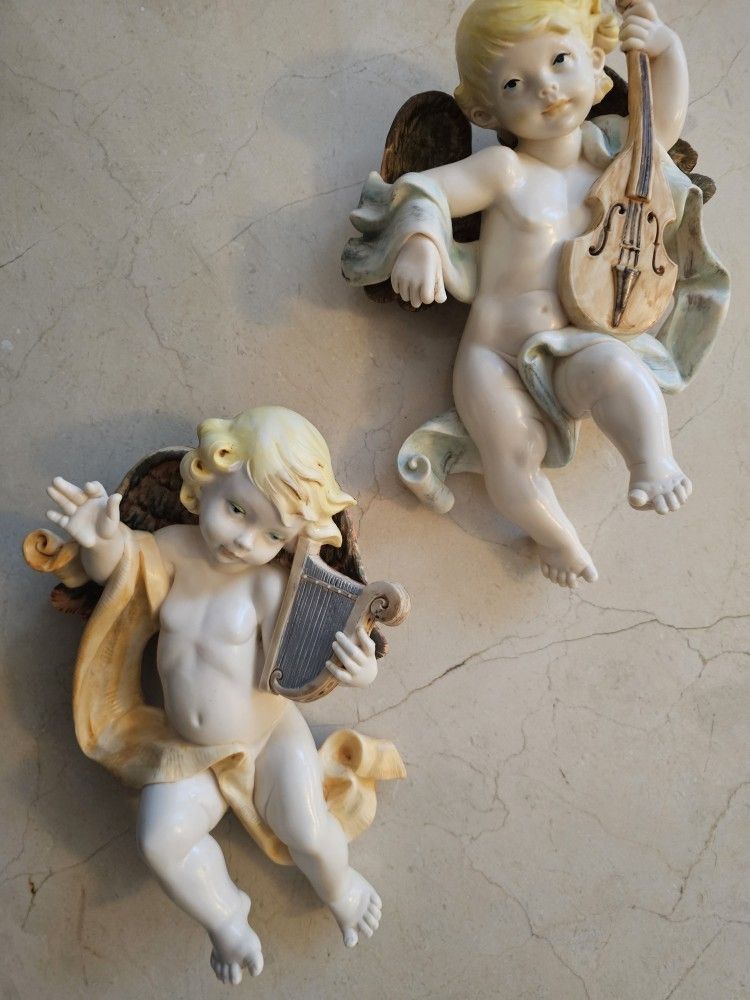 $125.00 - 1980's Italian Renaissance  Art Cherub Sculpture! Handpainted/Heavy Winged Cherubs Playing Harp & Violin - They Are 1 FEET Large!  
