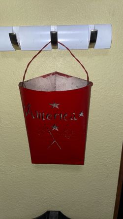 Vintage rustic America metal hanging pouch basket