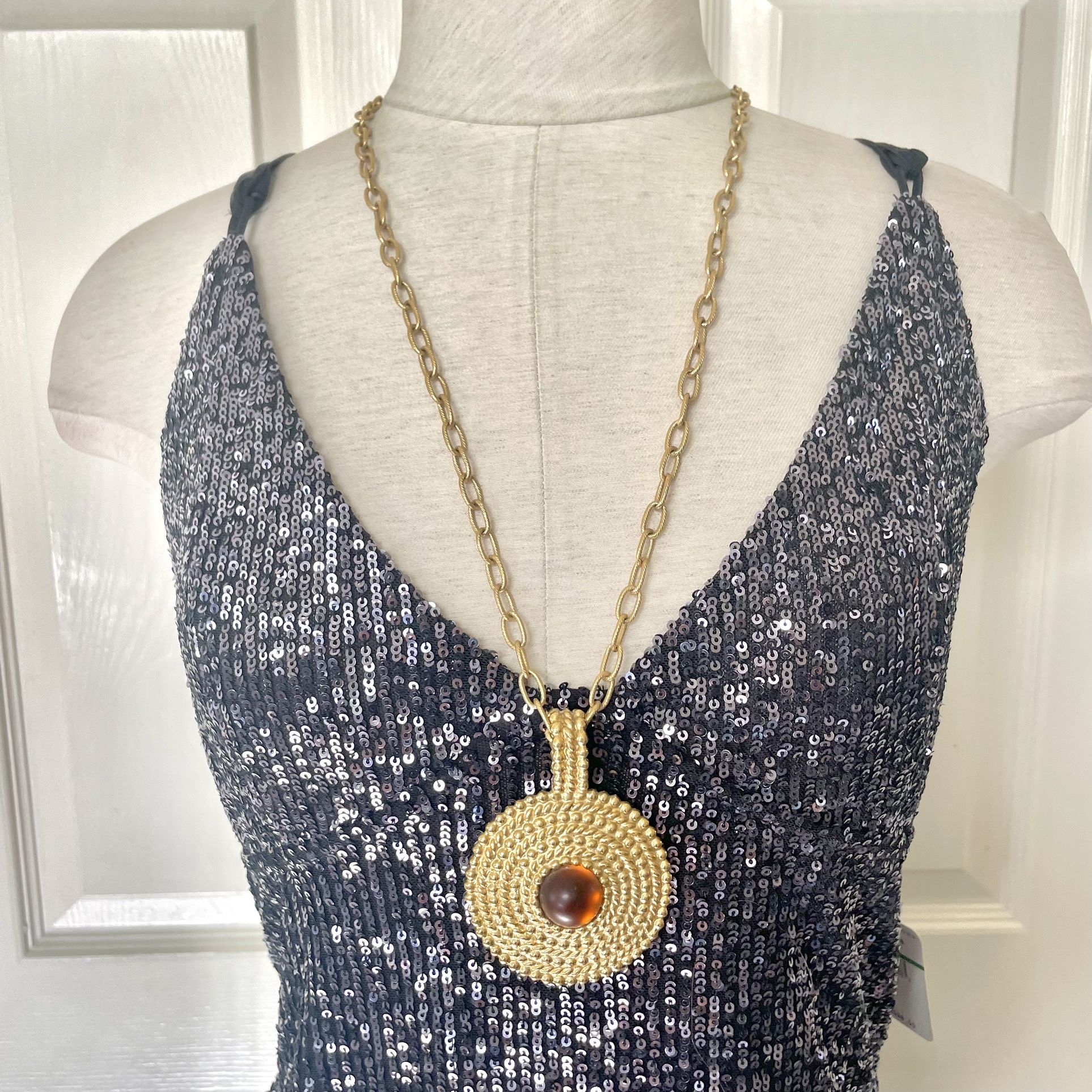 Long Gold Amber Lucite Vintage Pendant Necklace