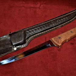 Vintage Maxam King Fisher Fillet Knife w/Leather Sheath 7.5” Blade Made in Japan