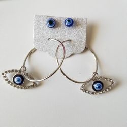 Evil Eye Hoop Earring with Dangling Rhinestone Eye Set