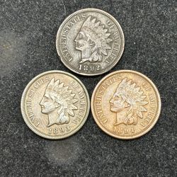 Set of 1892 to 1894 Indian Head Cents -- INCLUDES KEY DATE COIN!