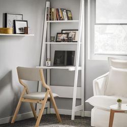 Haotian Ladder Desk with Shelves, Wall Desk for Small Space, Secretary Desk Workstation Dresser Shelf Freestanding Bookshelf, White 