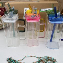 Glass Cups With Matching Straws 