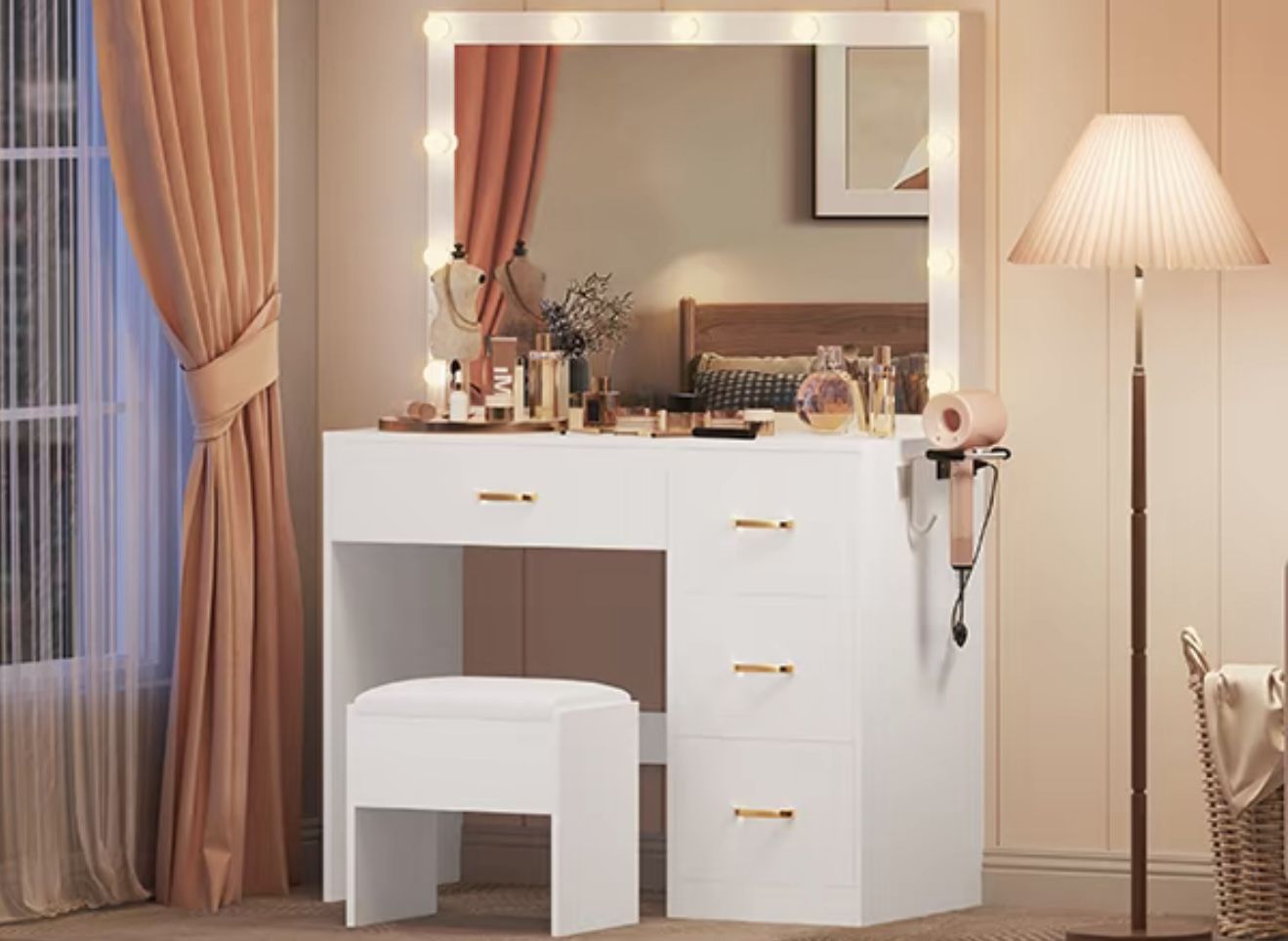 Makeup Vanity 4 Drawers LED Strip 3 Adjustable Light Mode, With Cushioned Chair. 