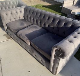 Gray Velvet Tufted Living Room Set – Sofa, Loveseat & Chair