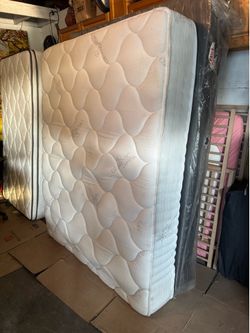 4 pc: plush Organic Cotton 12” queen size mattress $150, 7” box spring $55, metal frame $35, headboard $10