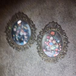Italian Floral Wall Art: Convex Glass, Ornate Brass Frames, Set of 2