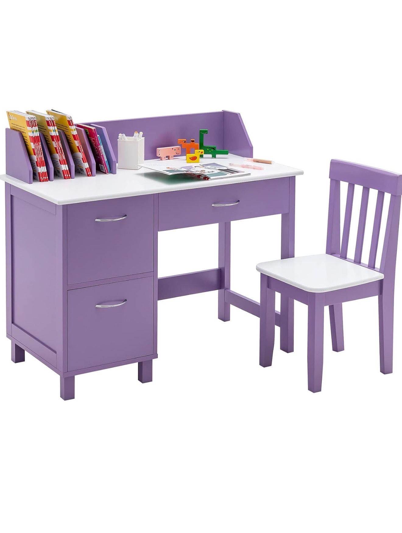 Kids Desk and Chair Set, Children Wooden School Learning Table w/Drawer & Storage Cabinets, Student Writing Computer Workstation for Bedroom & Study R