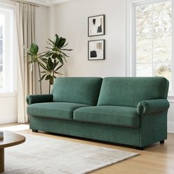 70.9”W 3-Seater Couch, Linen Fabric Upholstered Loveseat Sofa with Removable Cushion Covers and Round Armrest, Green
