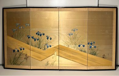 Vintage Japanese Four-Panel Byōbu Folding Silk Screen IRISES Motif 66" x 36"