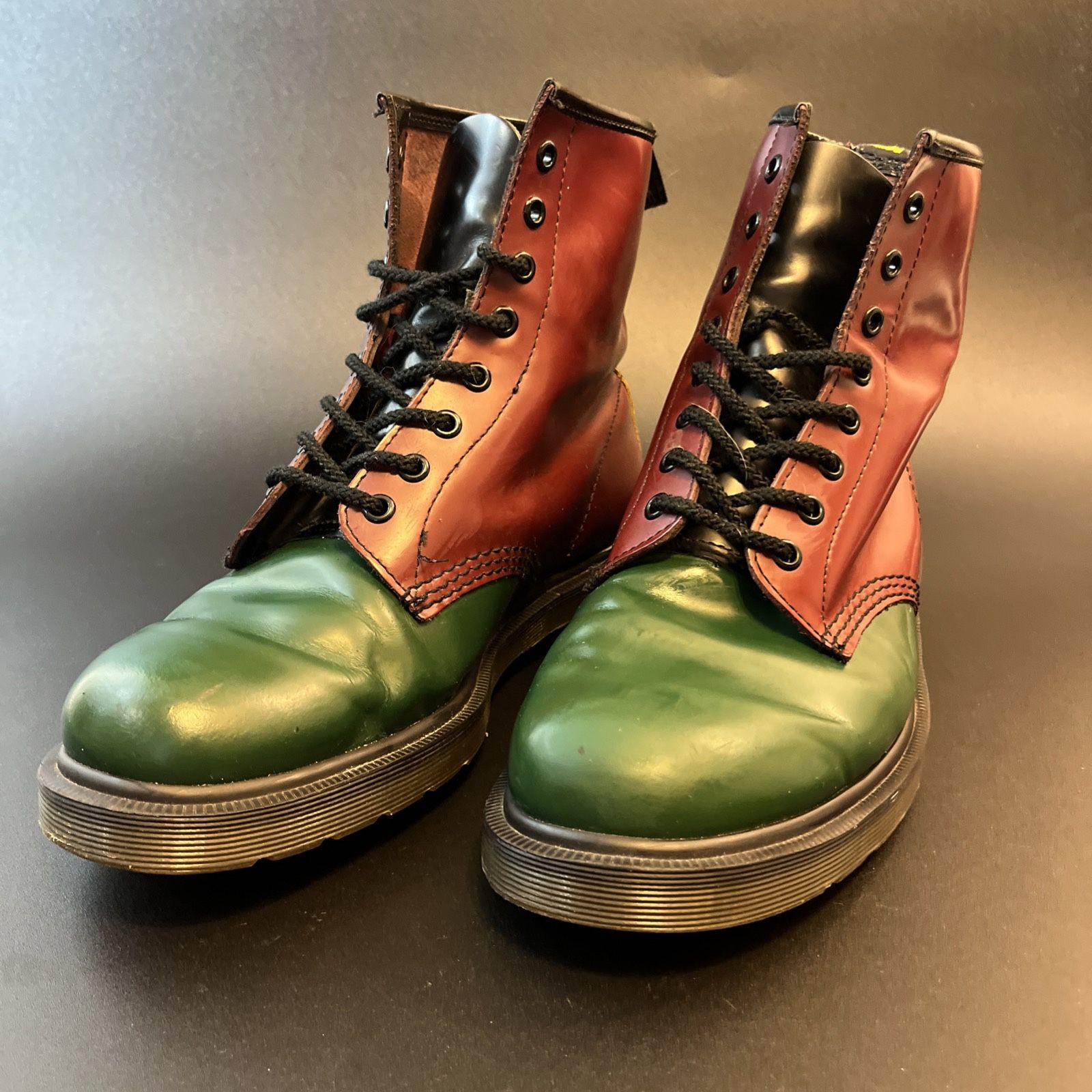 Dr Martens Lace Up 8 Eye Combat Boots Unisex M10/W11 Red Green Yellow Leather