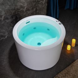 BS0260  41" Acrylic Freestanding Round Contemporary Whirlpool Heated Jetted Tub with Pre-molded Seat and Chrome Pop-Up Drain and Overflow, White