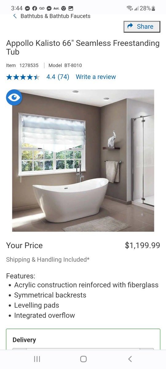 Appollo Kalisto 66" Seamless Freestanding Tub $850