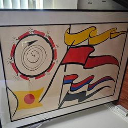 This artwork is a print titled Oriflammes by the American artist Alexander Calder. 
The title refers to the flags and banners depicted in the abstract