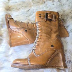 Apeppaza Flute 4 Inch Heel Lace Up Wedge Ankle Boot