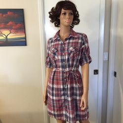 Old Navy Red And Blue Plaid Shirt Dress Size Medium