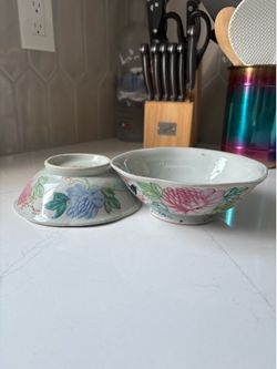 Set of two handmade floral oriental ceramic bowls large and medium