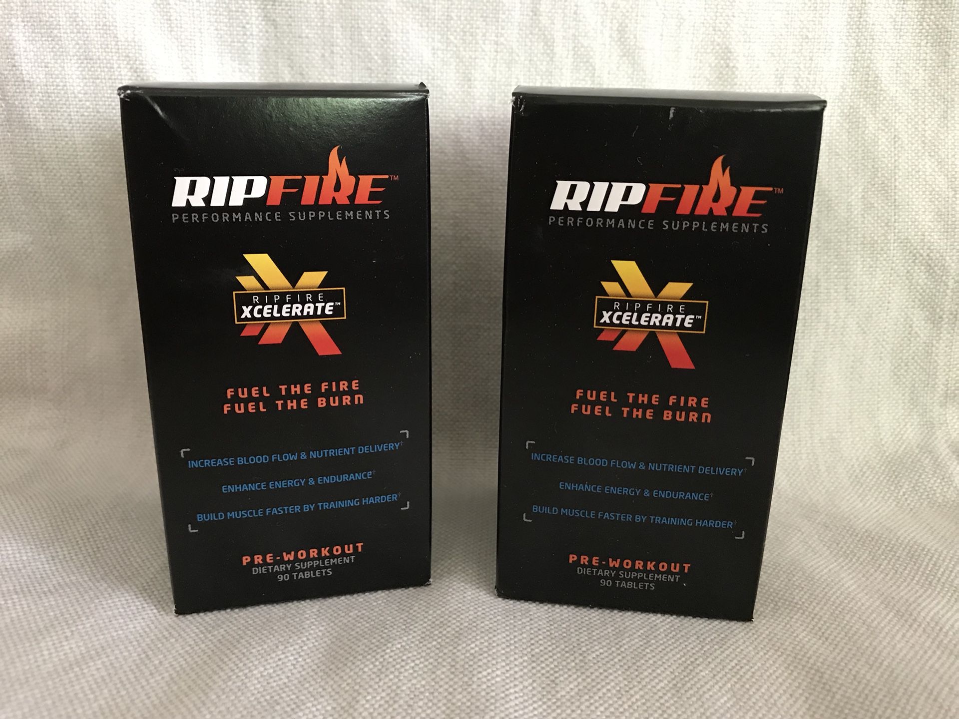2 Bottles RipFire Xcelerate Performance Supplements, 90 Tablets each, for a total of 180 tablets.