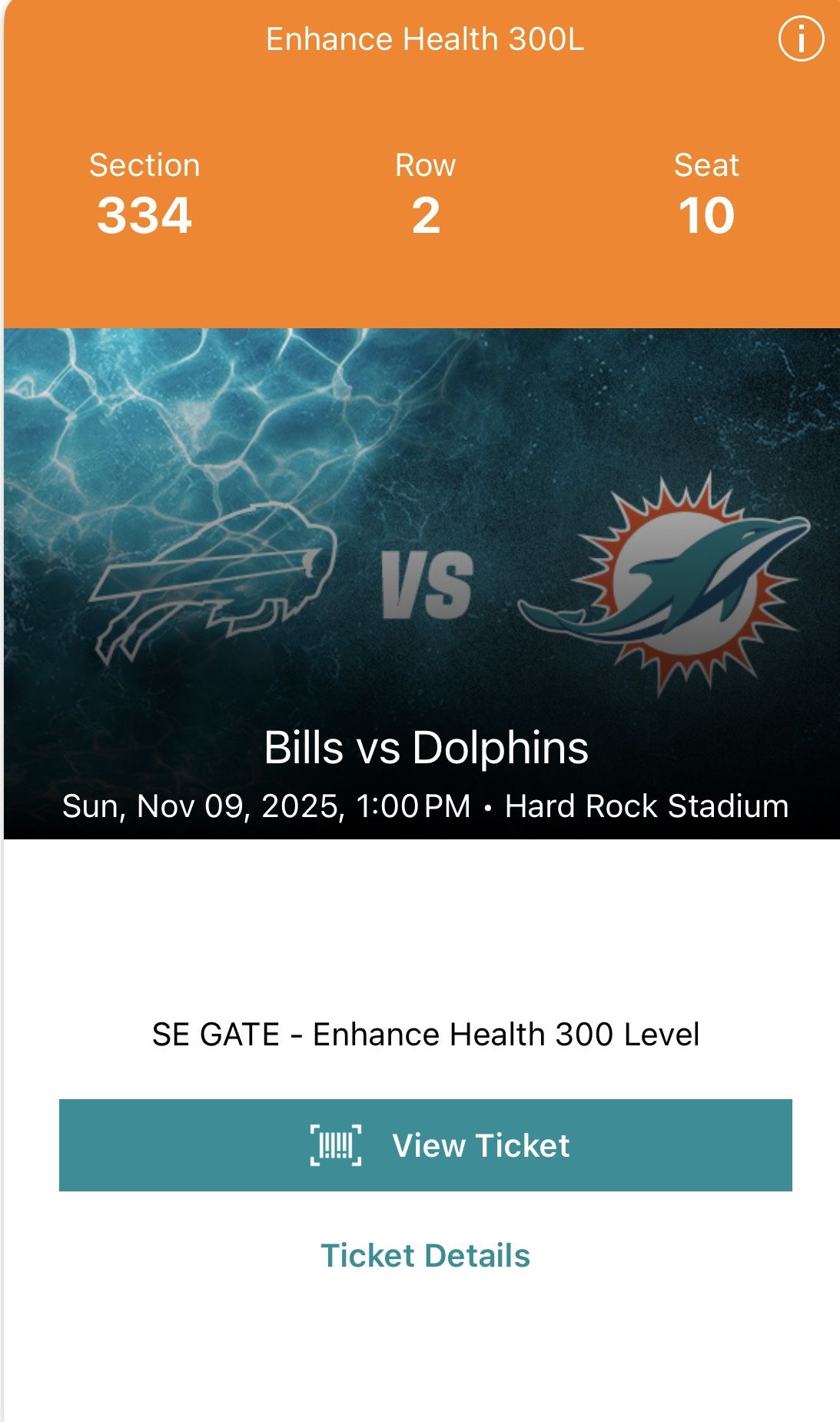 Dolphins vs Bills 2nd Row 2 Tickets