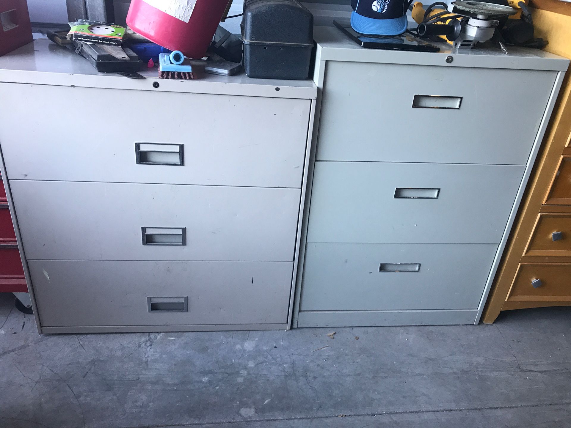 2 heavy duty lateral file cabinets. One36“ x 37“ x 18“. One30“ x 41“ x 18“. $35.00 for both or 20 each.