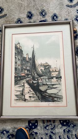 Harbor Scene with Fishing Boat lithography signed