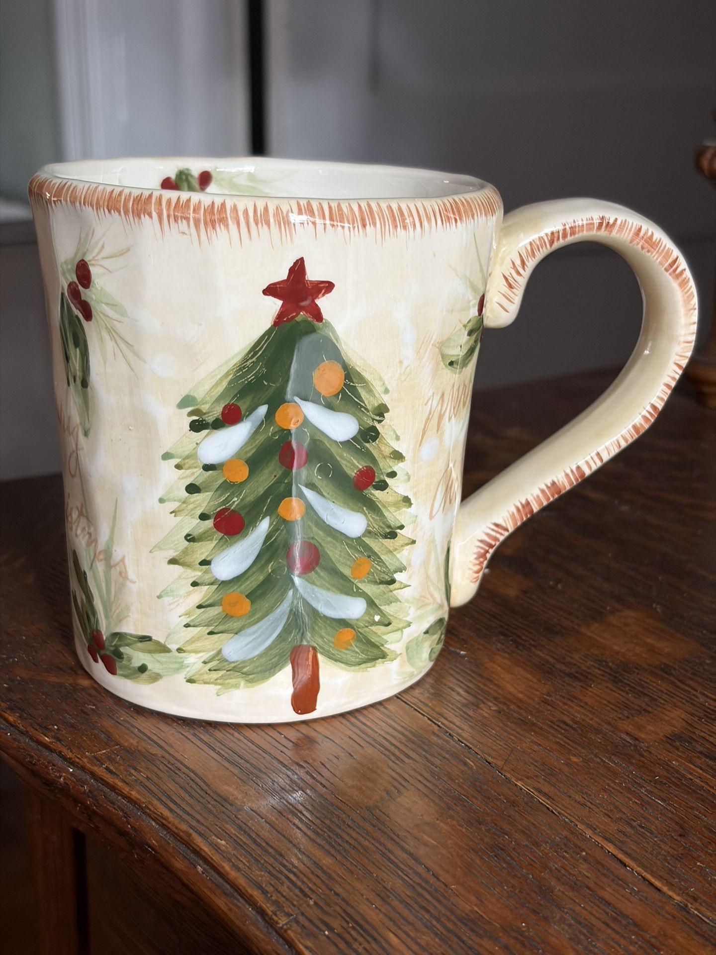 Christmas Tree Winter Holly Hand Painted Coffee Mugs Wide Mouth 20 oz